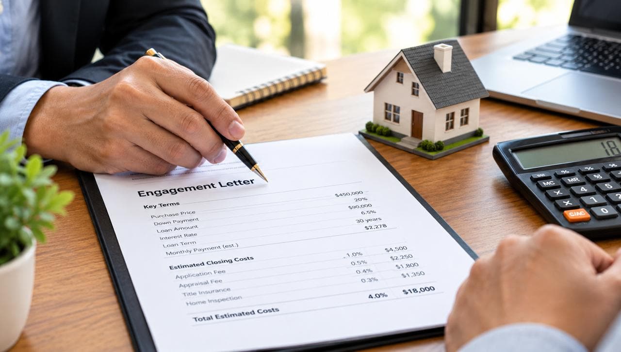 Real estate agreement with house model, calculator, and documents on a desk